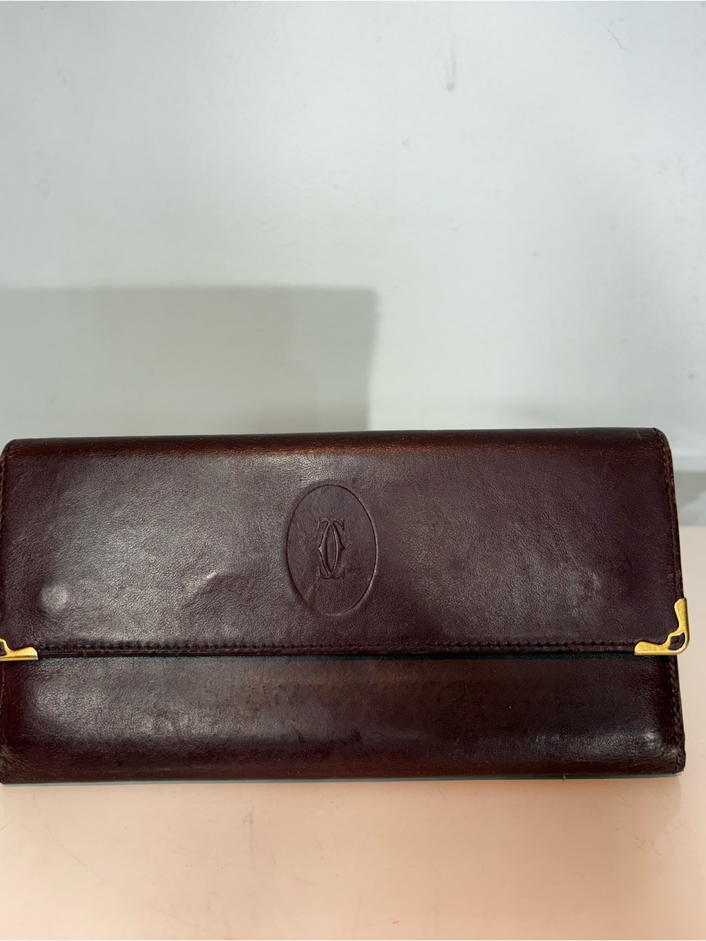 Vintage Cartier Burgundy Leather Long Wallet Gold Corner Accents
